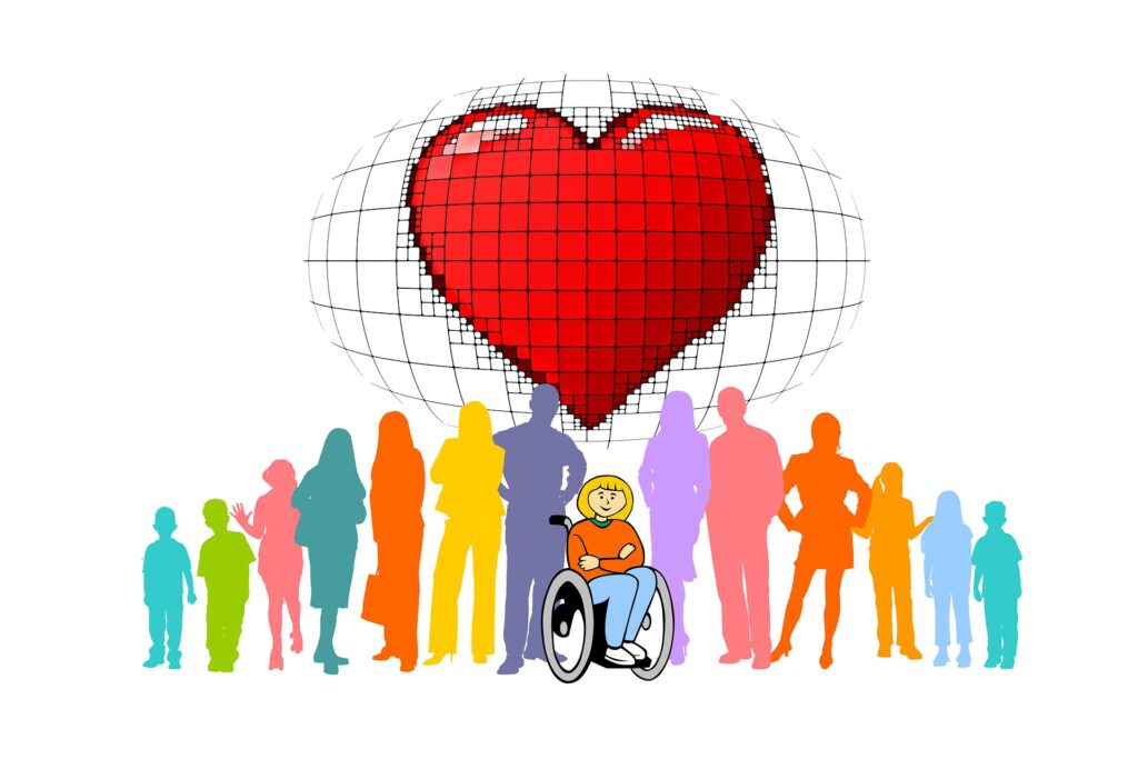 Eine Grafik mit einer Gruppe von gezeichneten Menschen in verschiedenen Farben, in deren deren Mitte ein Rollstuhlfahrer sitzt. Im Hintergrund ist ein großes gezeichnetes rotes Herz zu sehen.